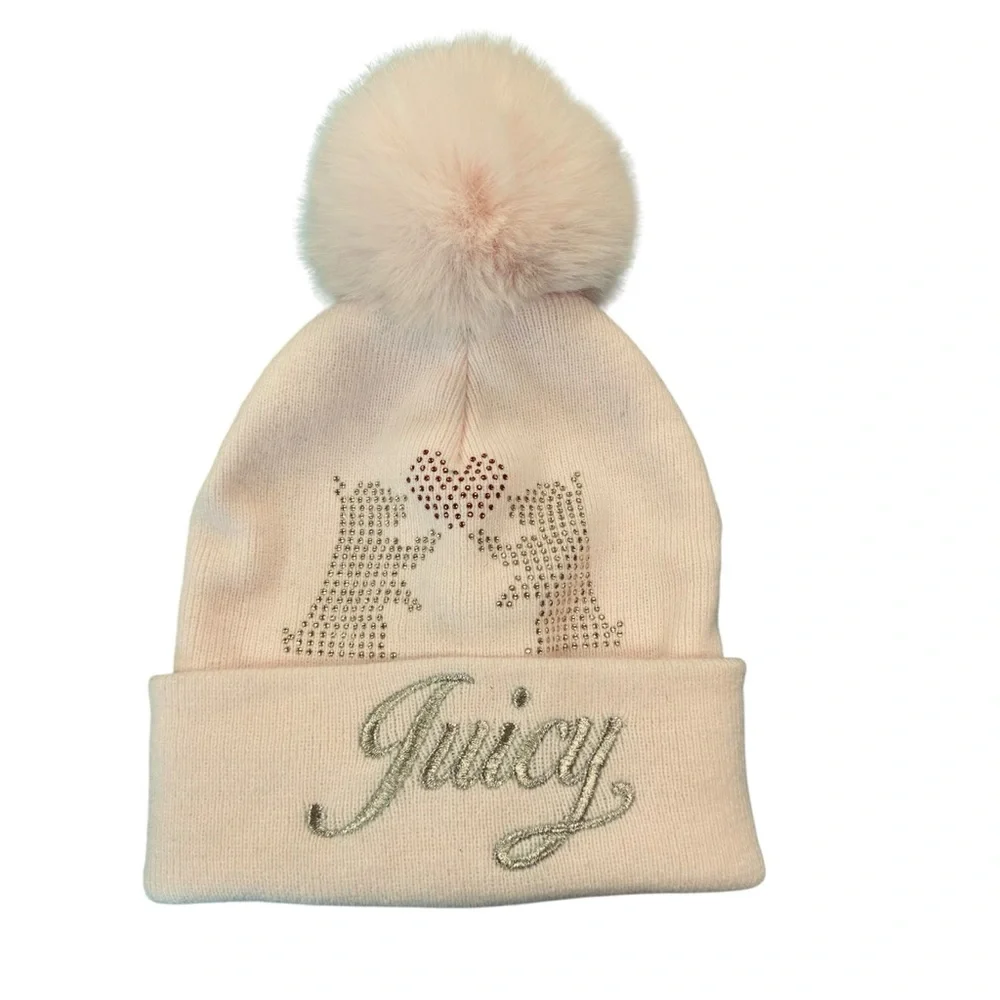 Juicy Couture Girls Light Pink Pom-Pom Beanie with Crystal Dogs